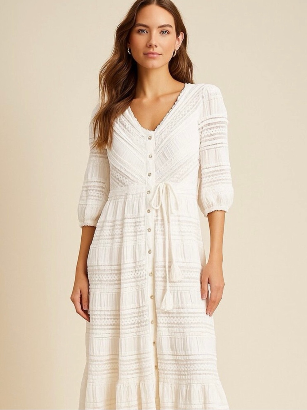 A Collective Story Anthropologie Lace Ivory Boho Maxi Dress Tie Waist Sz M